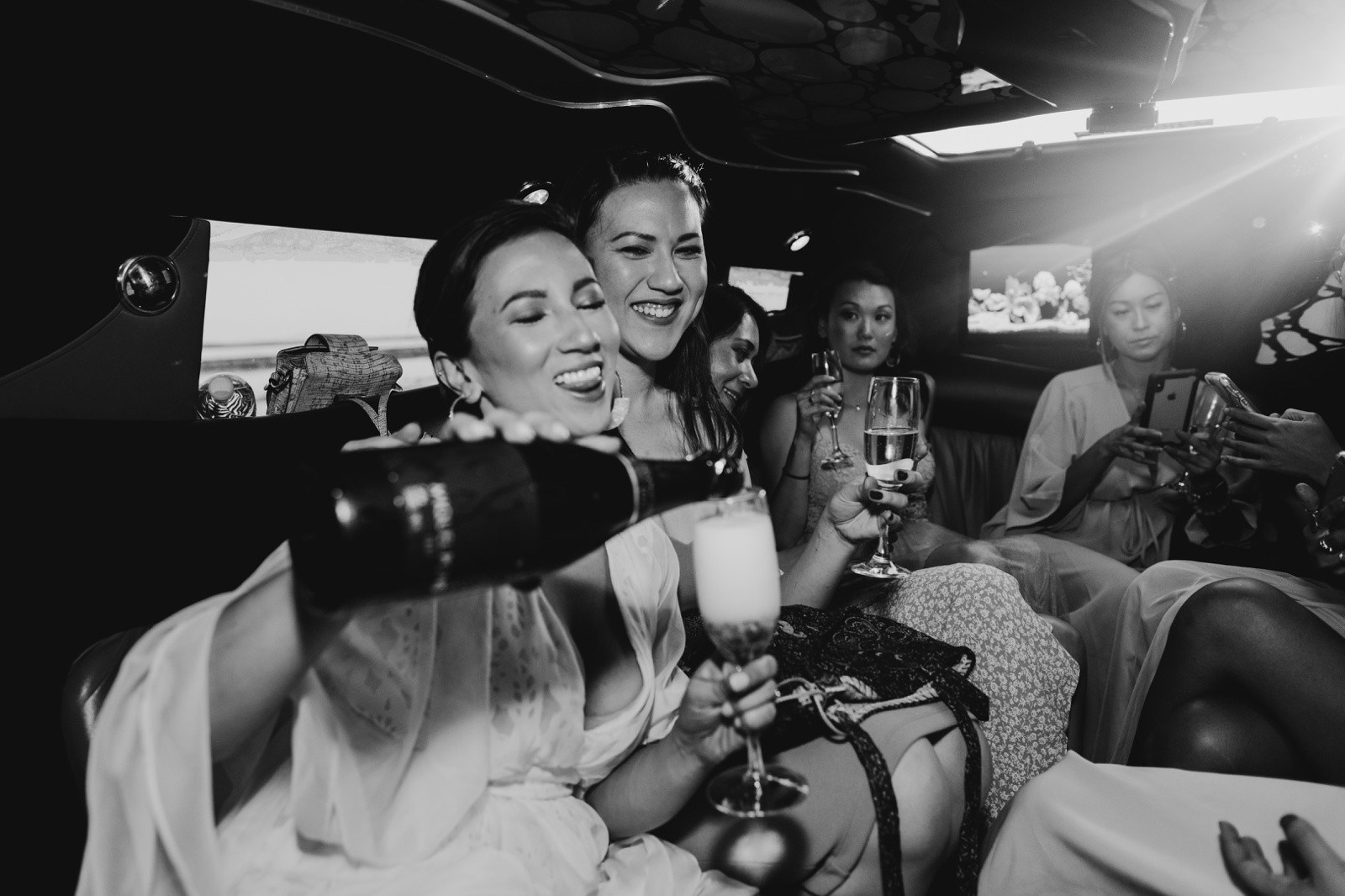 Limo ride with bridesmaids