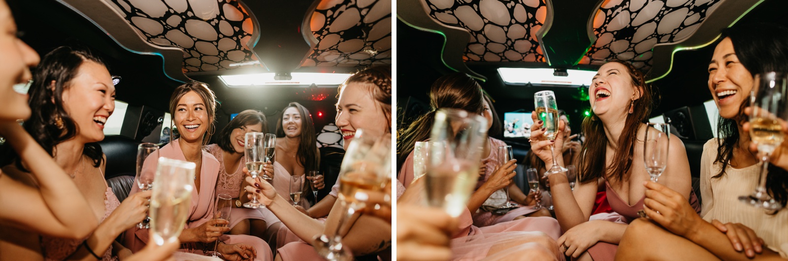 Champagne photos in limo with bridesmaids