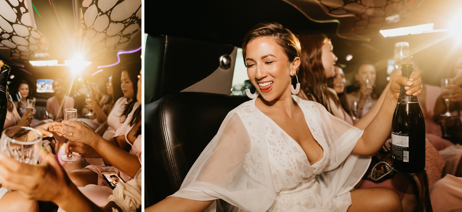 Bride with champagne in limo ride