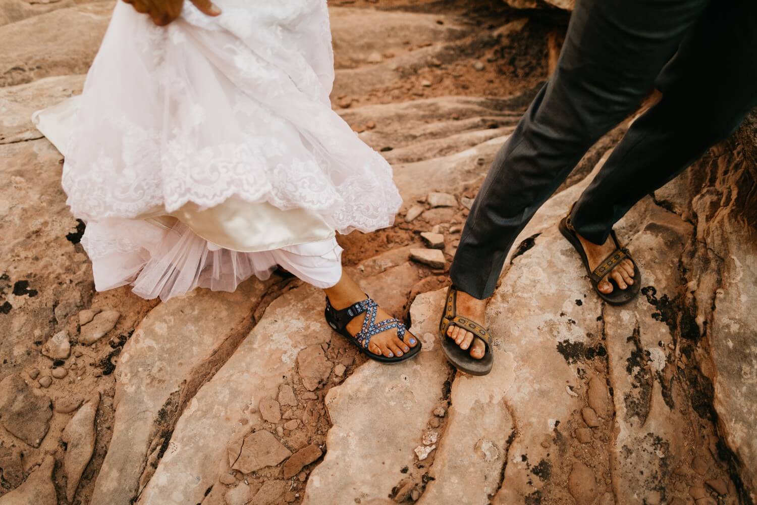 Bride and Groom wearing Chacos Sandals
