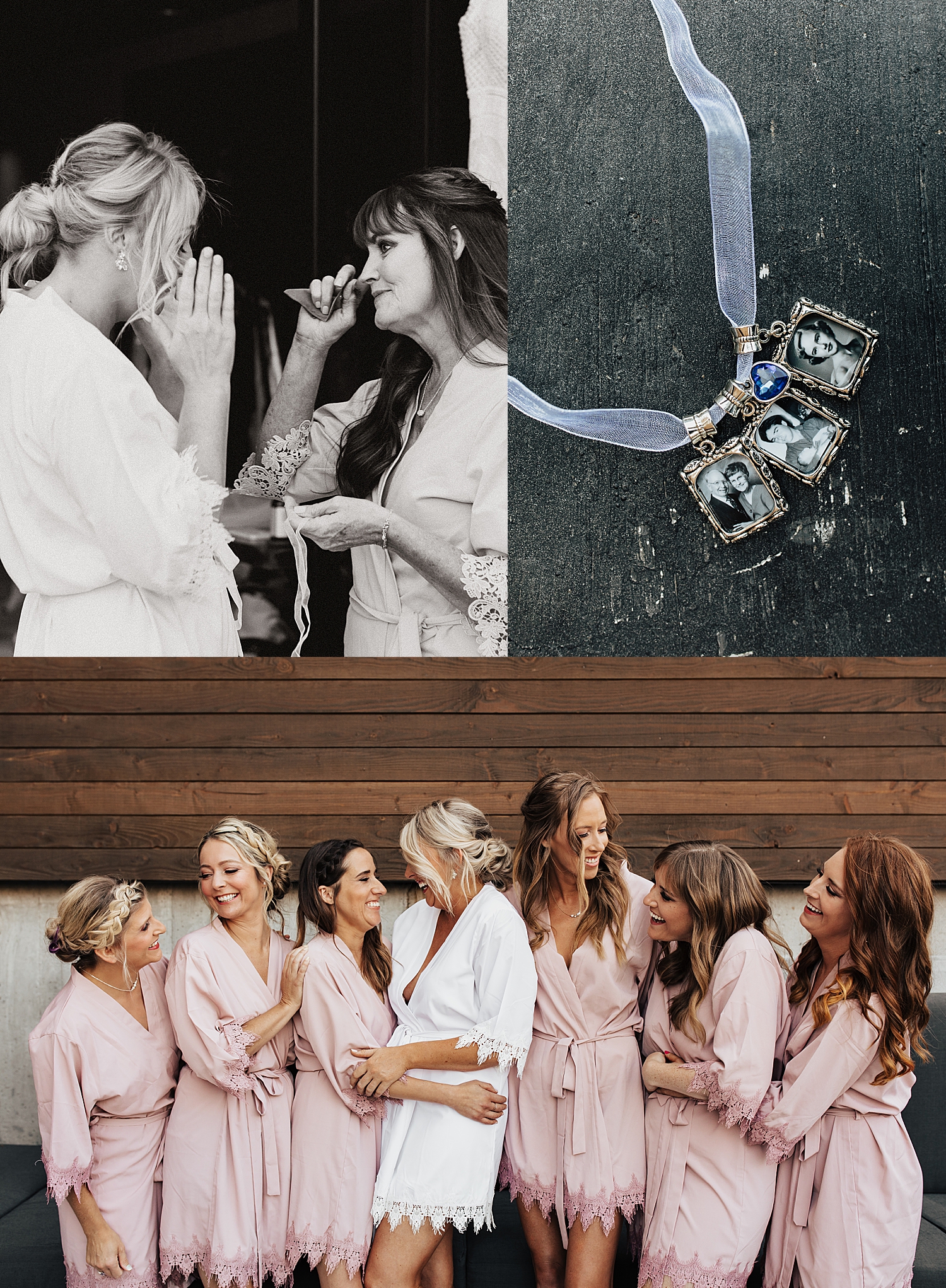 mother gives bride heirloom photos of passed relatives for bouquet by Nicole Aston Photography