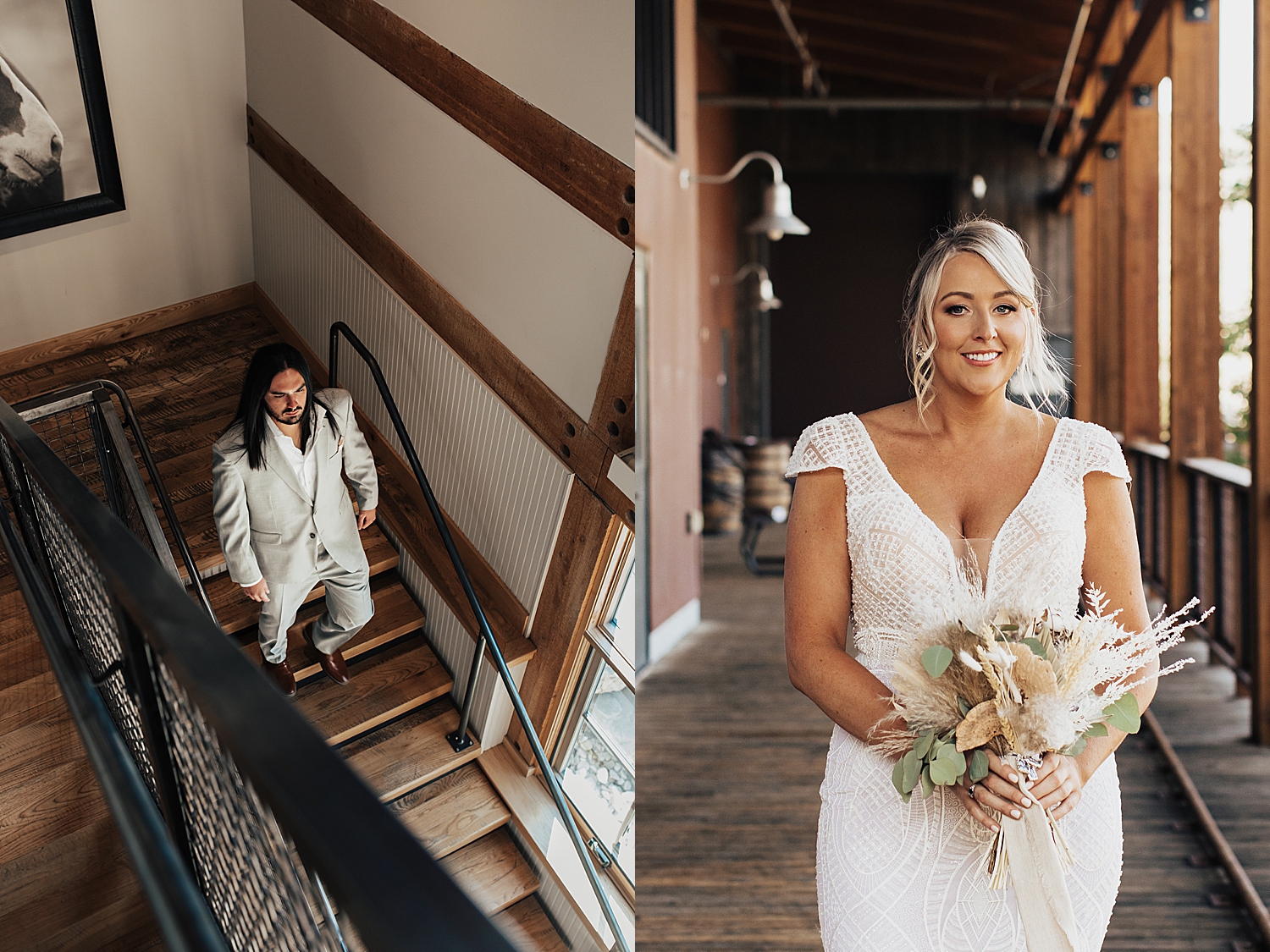 groom walks down stairs to meet his bride by Destination wedding photographer 