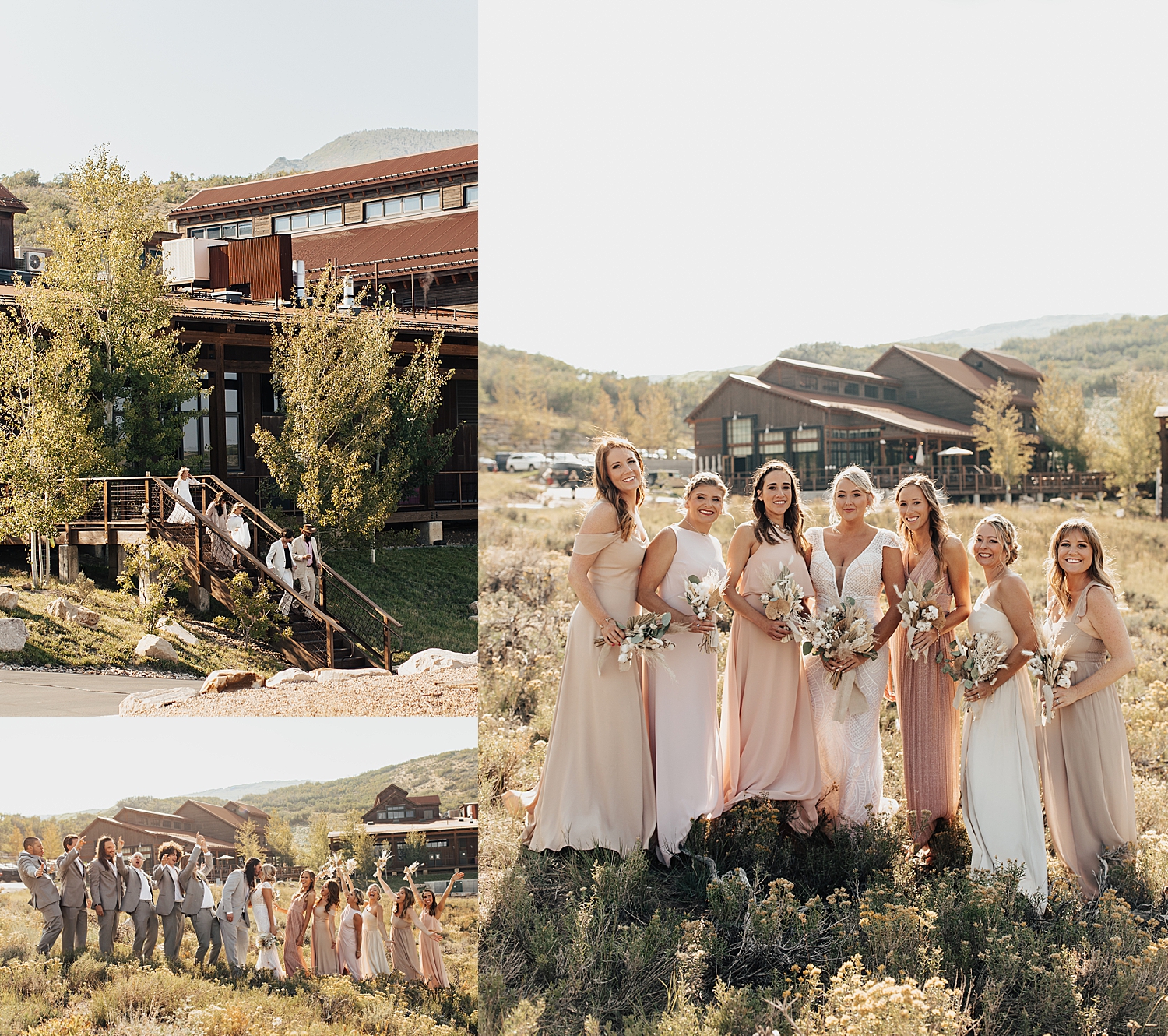 wedding party in blush pink dresses at High West in Park City, Utah