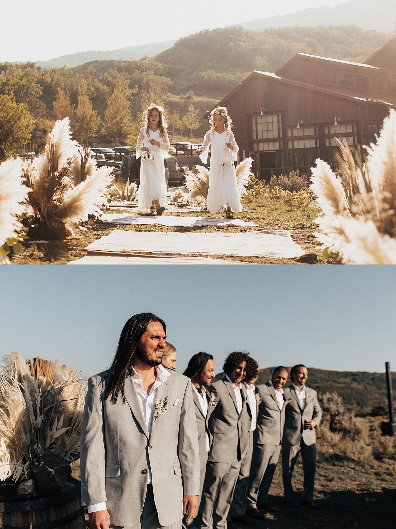 flower girls walk down stone path while groom watches for bride by Destination wedding photographer 