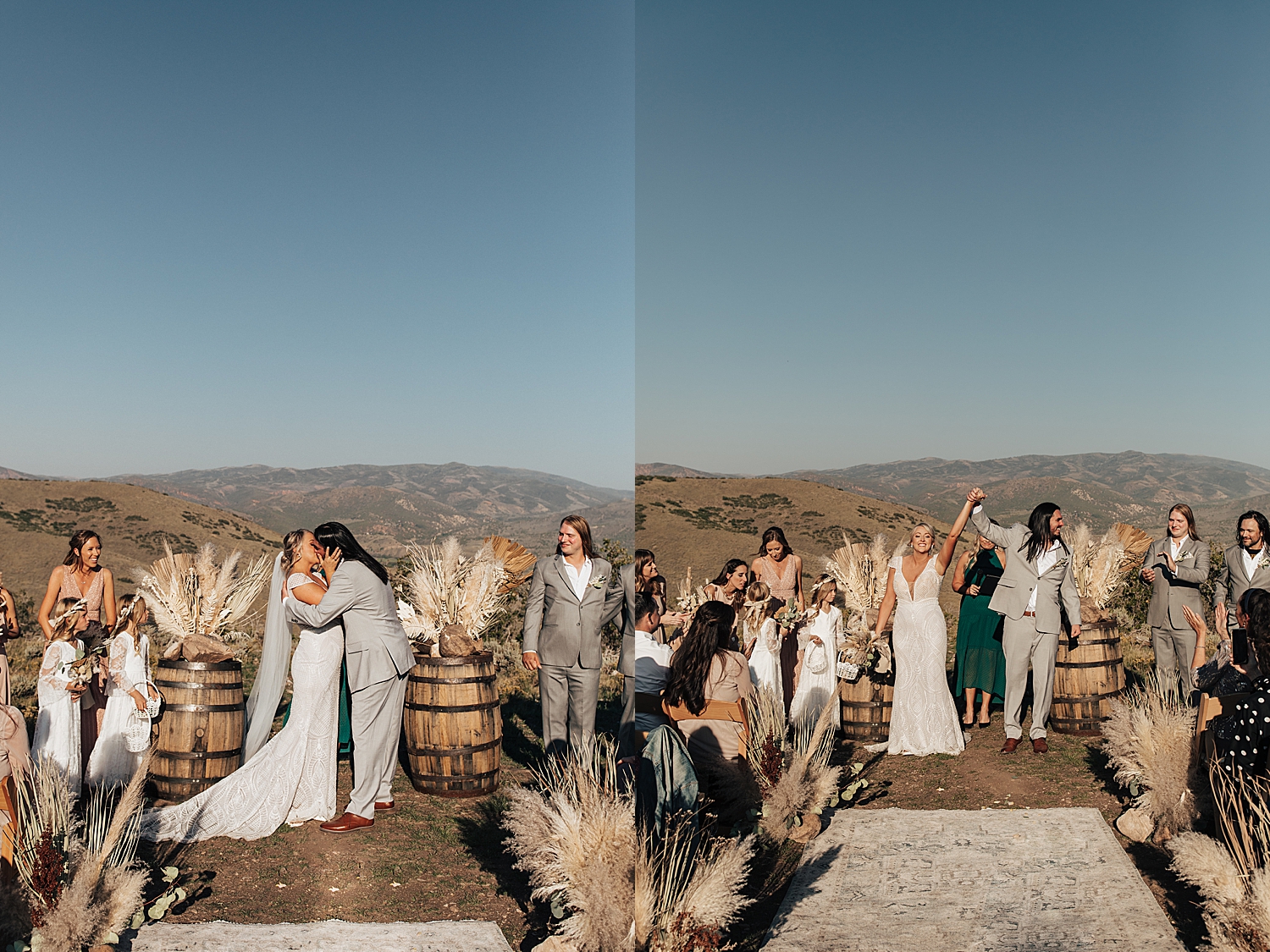 husband and wife share a first kiss during outdoor ceremony by Destination wedding photographer 