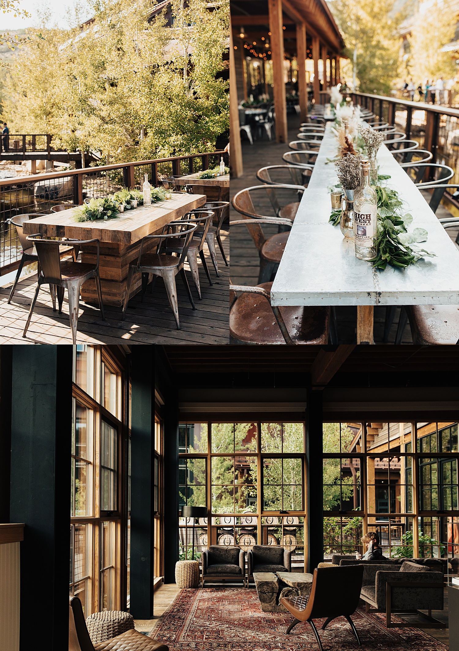 long tables set up for reception on porch by Destination wedding photographer 