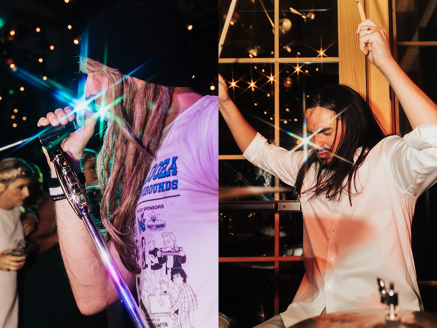 groom plays the drums with emo punk rock concert singer by Destination wedding photographer 