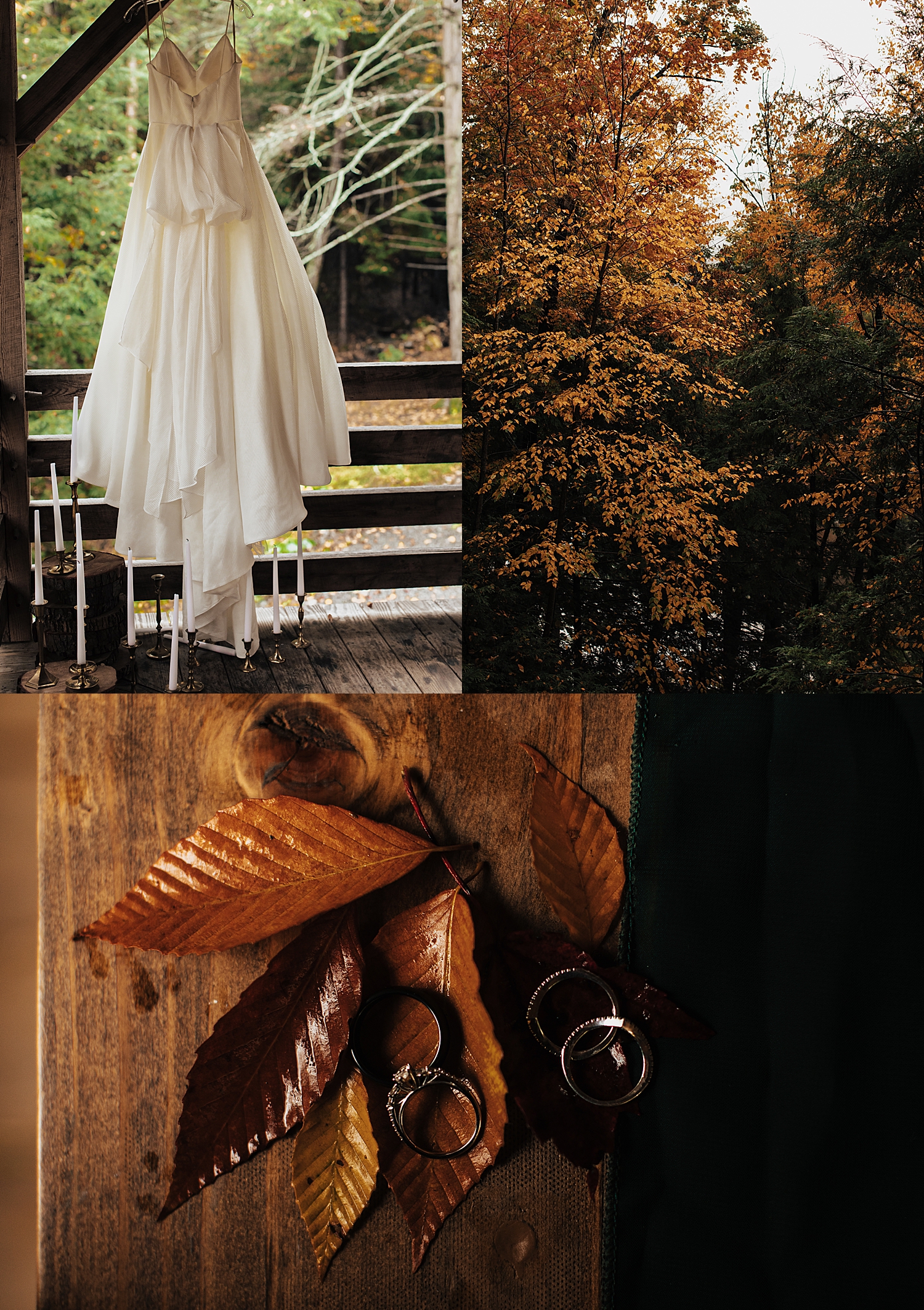 wedding dress hangs on cabin for rainy autumnal intimate day