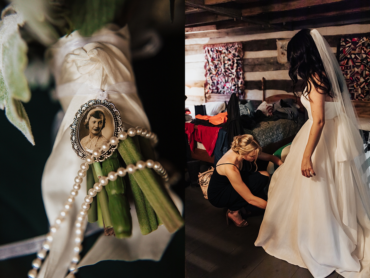 bride slips on shoes before ceremony for rainy autumnal intimate day