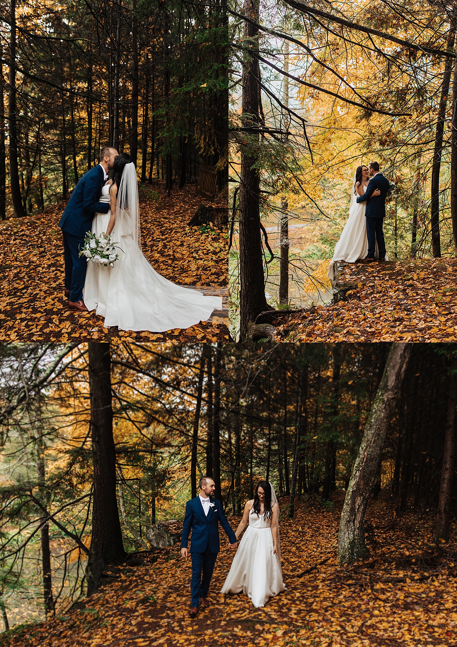 bride and groom stand in rain soaked, orange forest by Destination wedding photographer