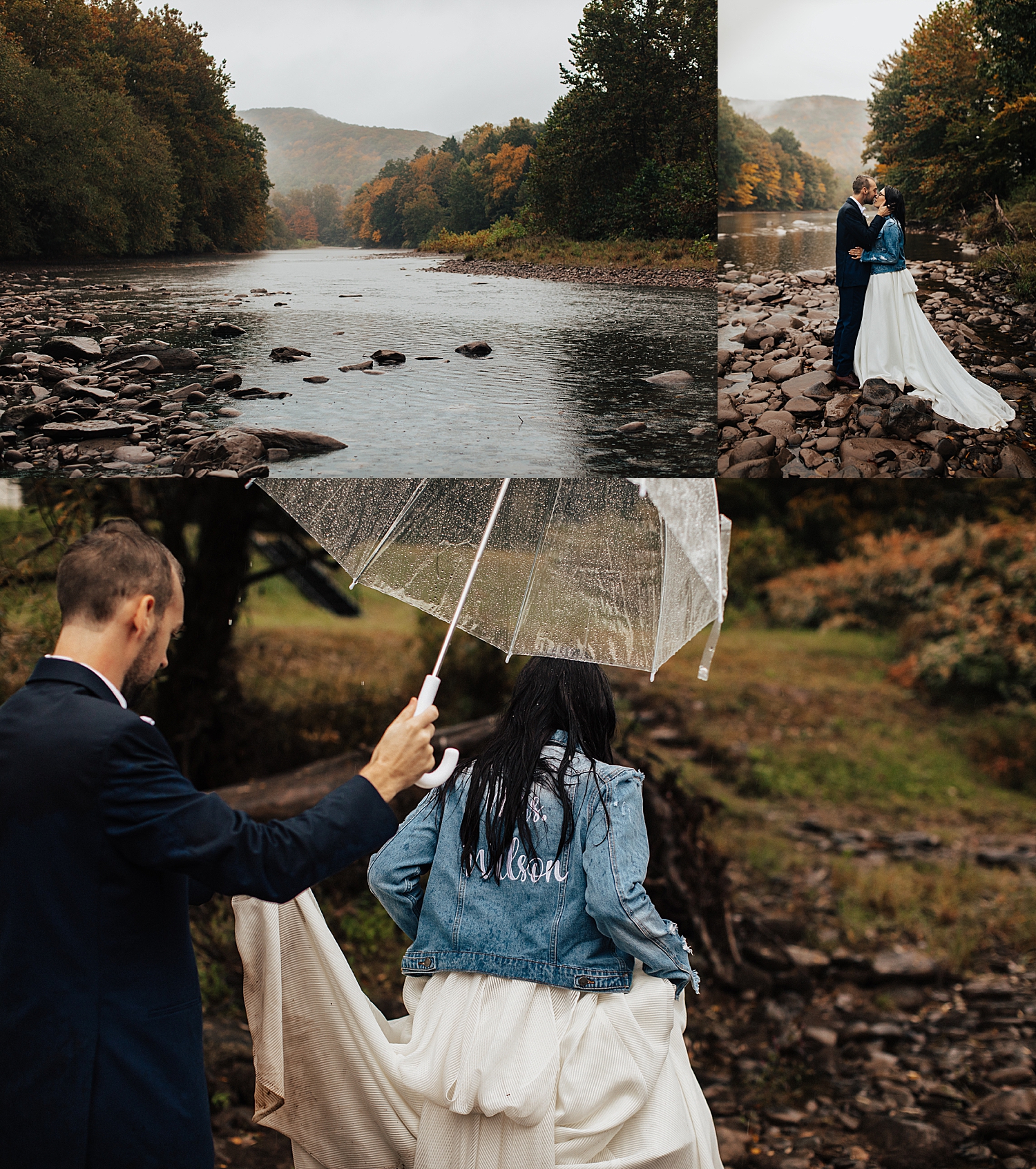 husband leans in to kiss wife next to creek in Pennsylvania by Destination wedding photographer