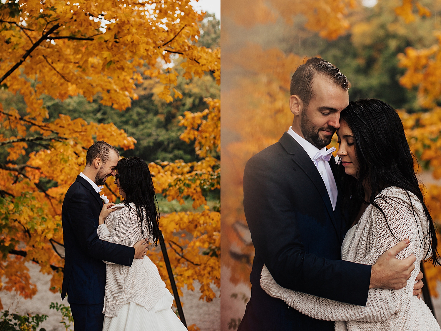 newlyweds embrace under the orange leaves of Fall tree by Nicole Aston Photography