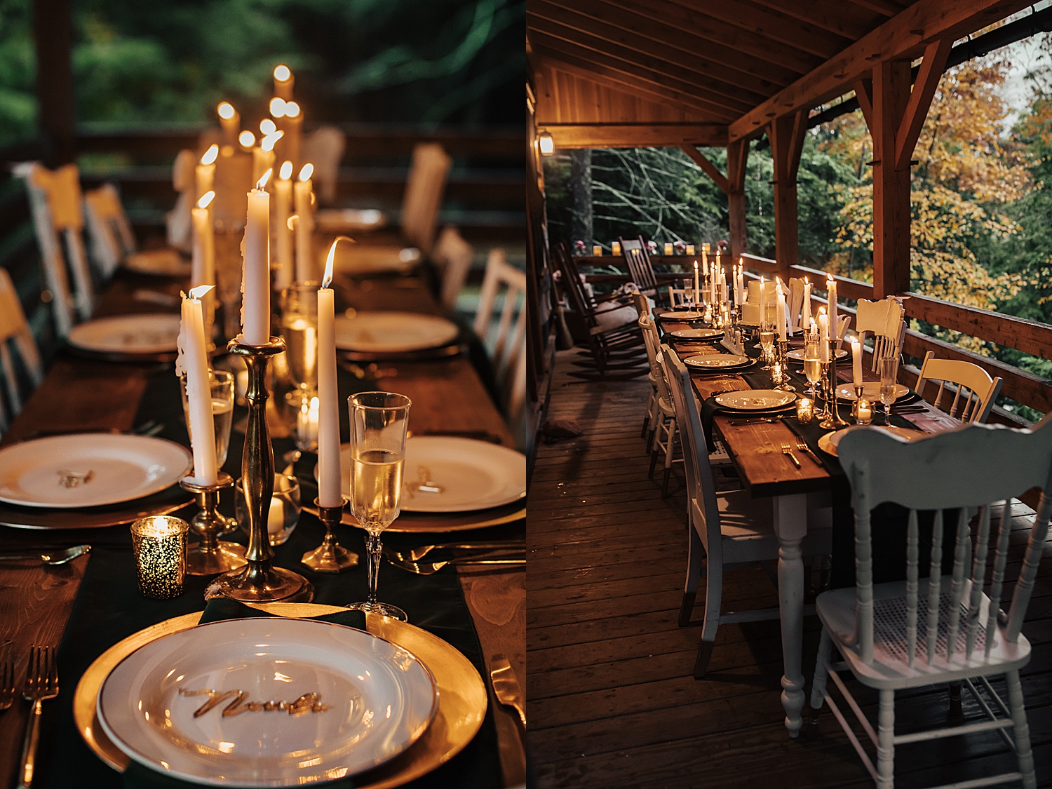 dinner set up on cabin porch in Pennsylvania by Destination wedding photographer