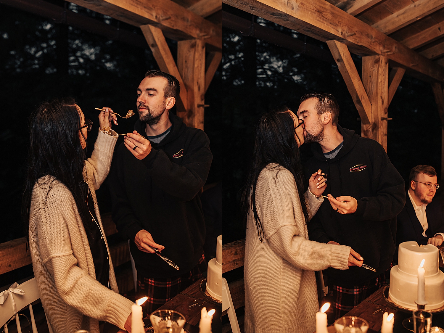newlyweds share a piece of cake and kiss for rainy autumnal intimate day
