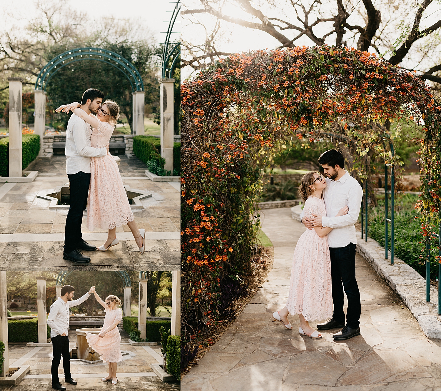 man and woman embrace under flower arch for Downtown DFW Couples Session