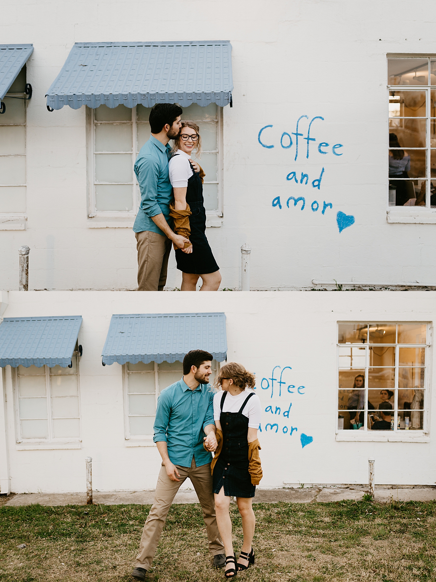 indie couple giggles together in front of coffee mural by Destination Wedding Photographer