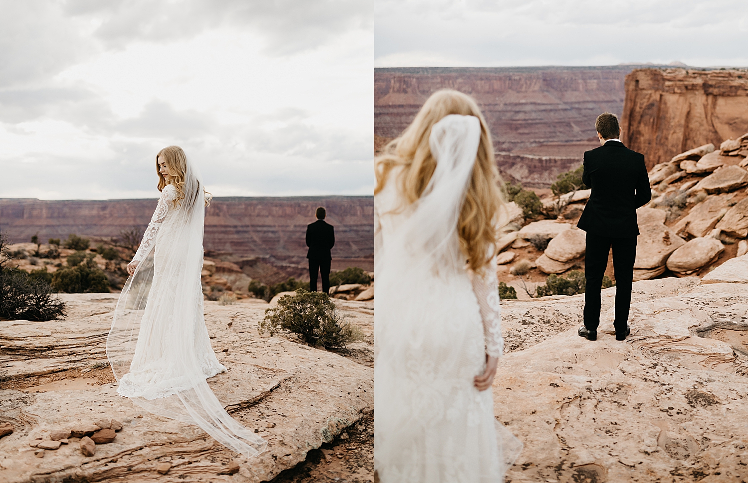 woman approaches her man for first look during Moab Dead Horse Point Bridal Shoot