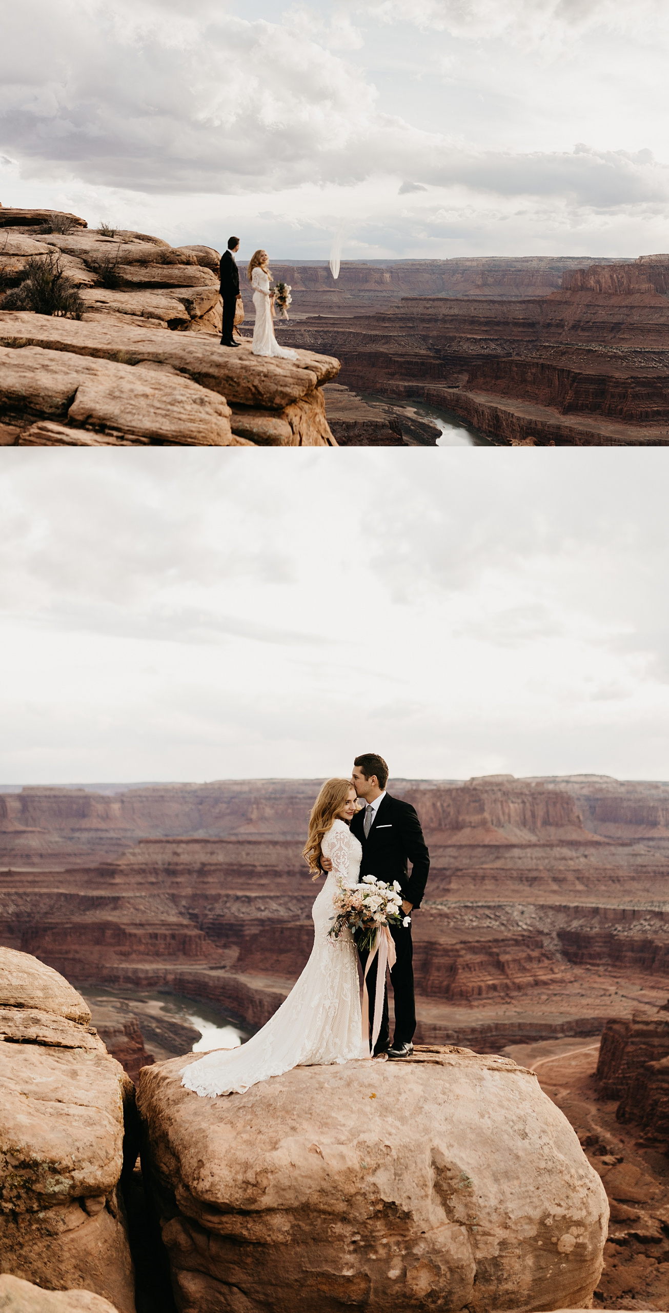 man and wife look out over the canyon during Moab Dead Horse Point Bridal Shoot