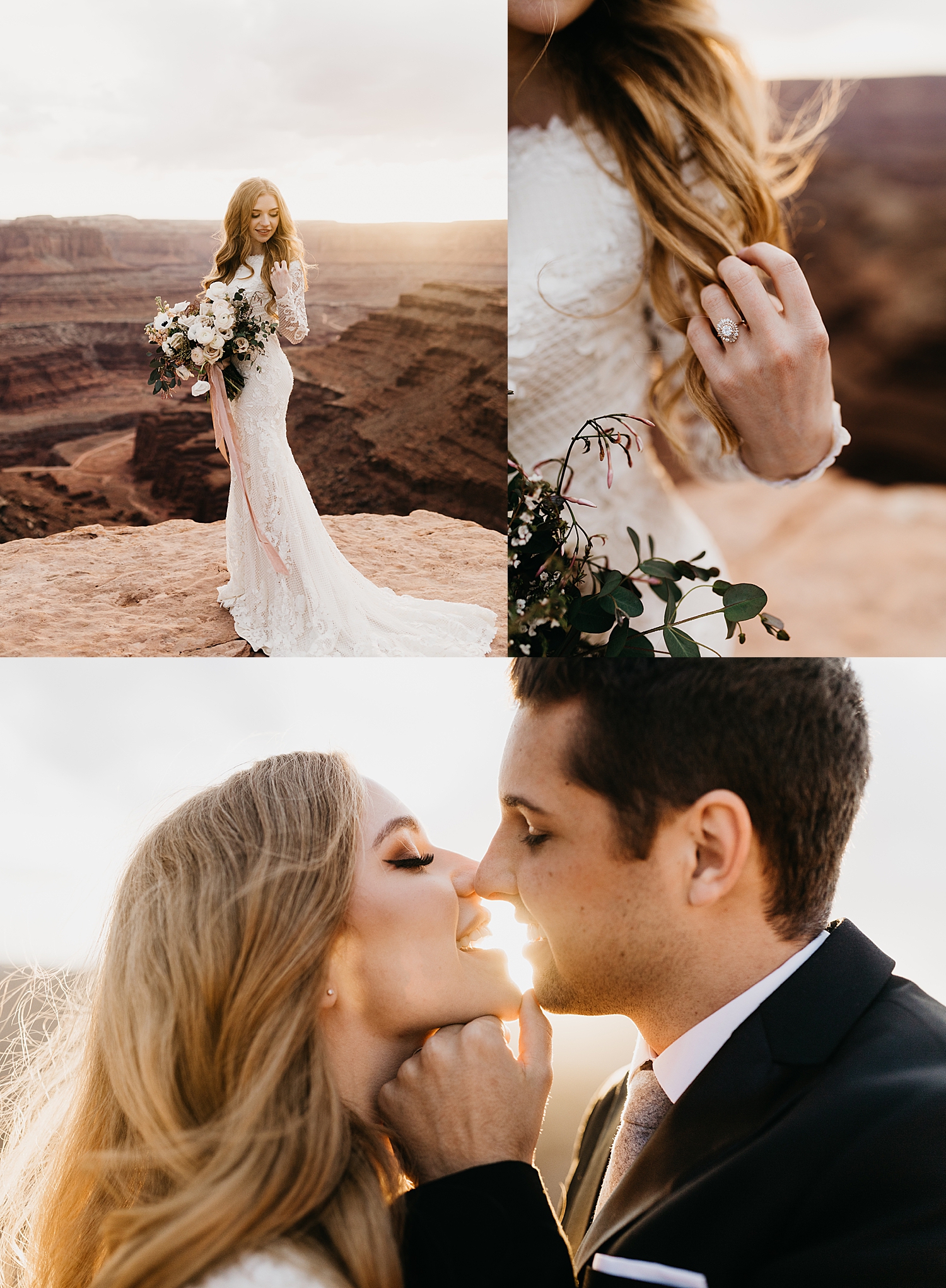 woman shows off large diamond ring during Moab Dead Horse Point Bridal Shoot