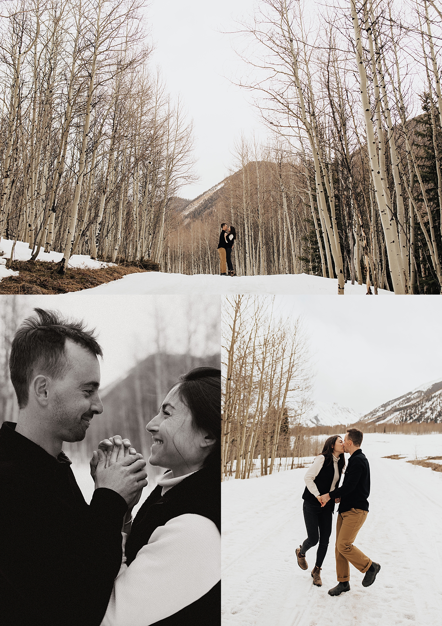 couple holds hands and stands closely showing 3 tips for engagement photos in the snow