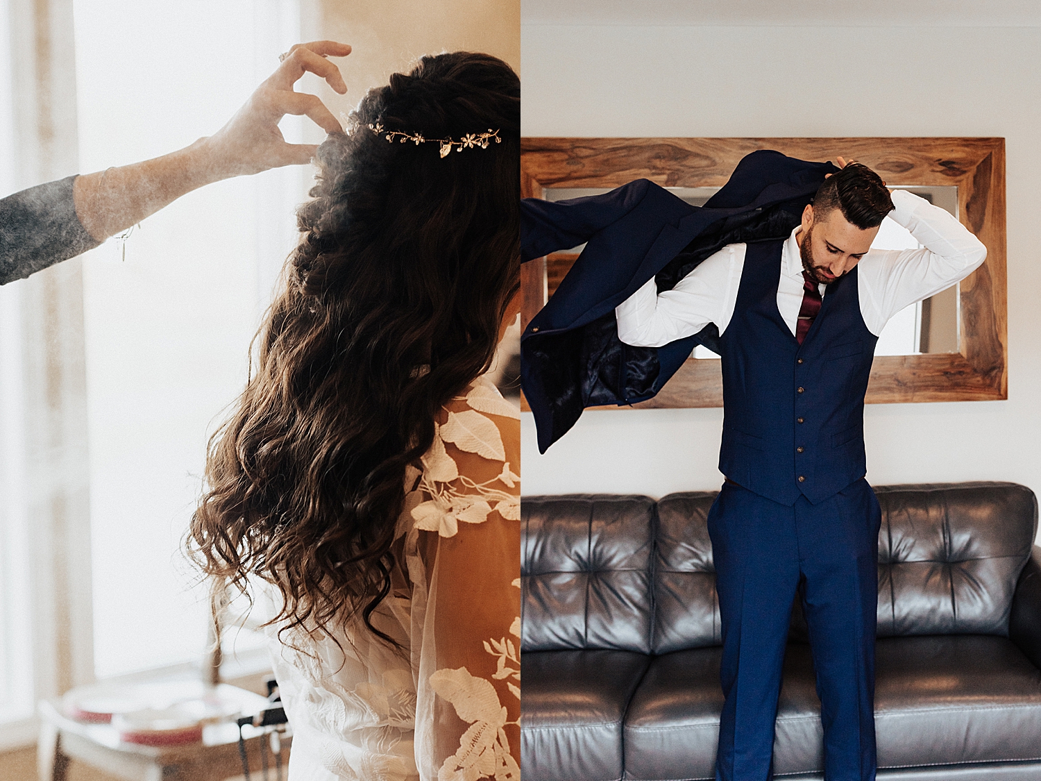 bride gets hair sprayed before big day by Destination elopement photographer