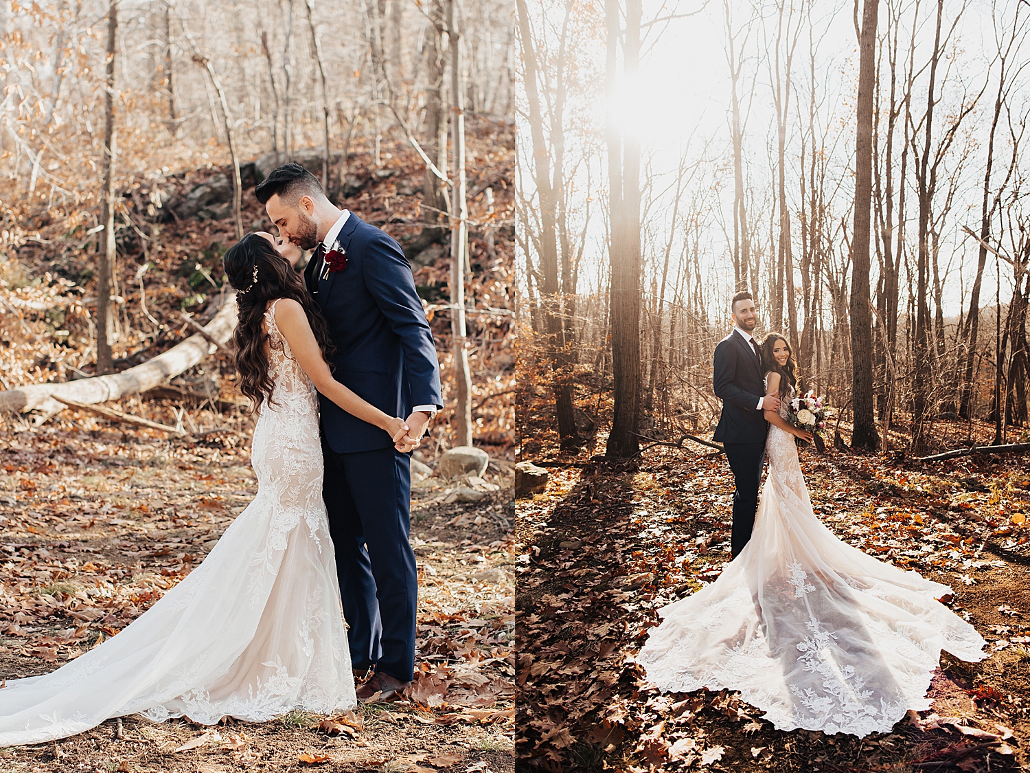 husband leans down to kiss bride in forest by Destination elopement photographer