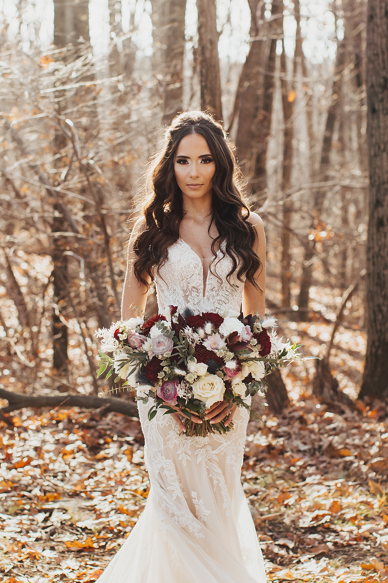 dramatic bride in winter forest for Moody Wedding in New Jersey
