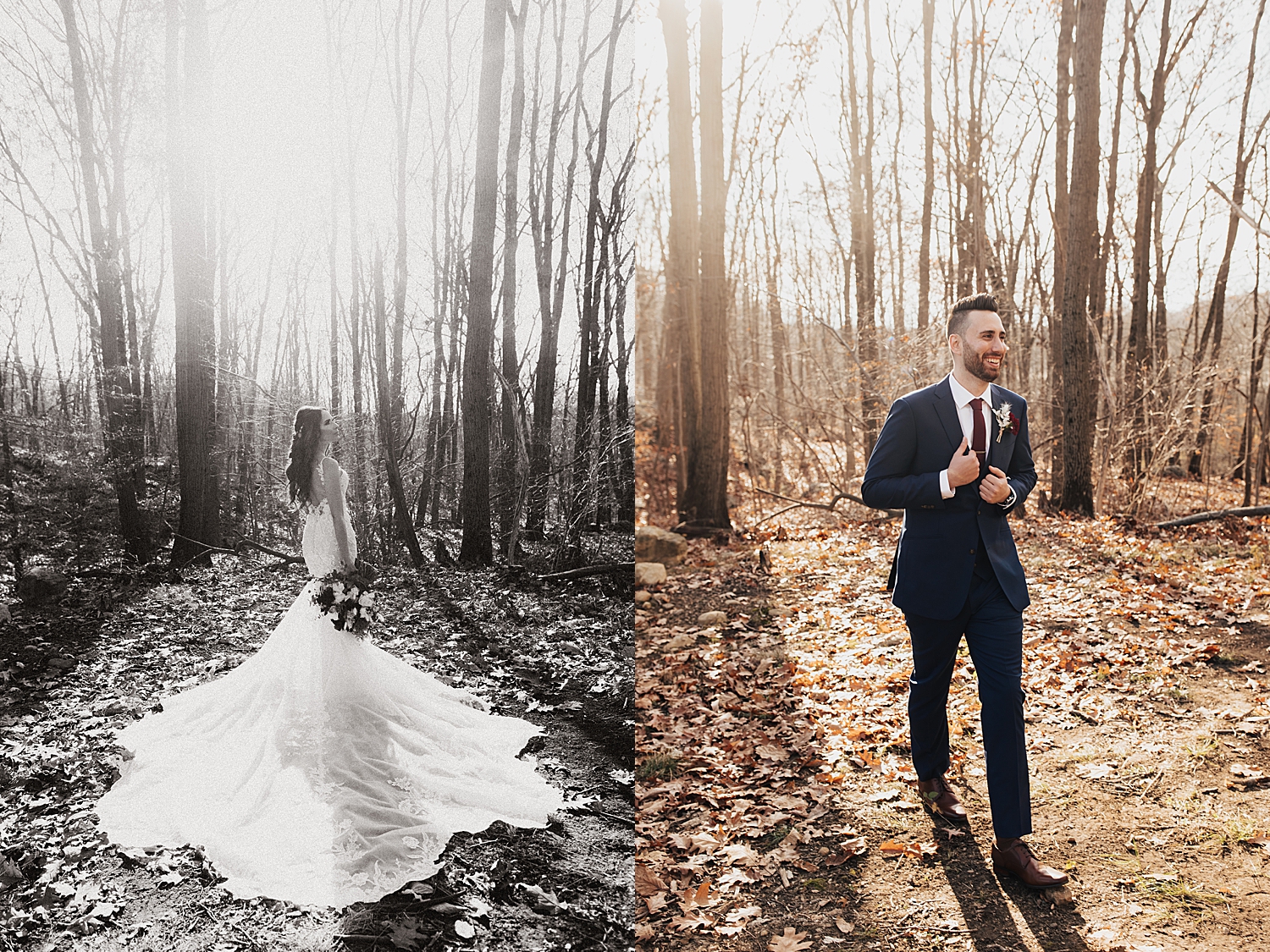 bride and groom showing off their outfits in winter forest by Destination elopement photographer