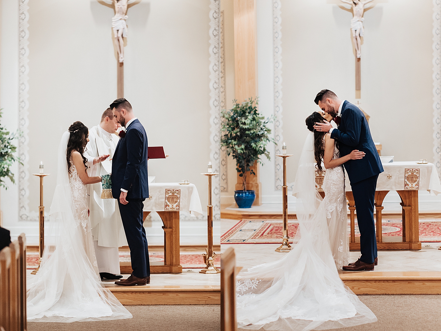 husband and wife share a kiss at alter for Moody Wedding in New Jersey