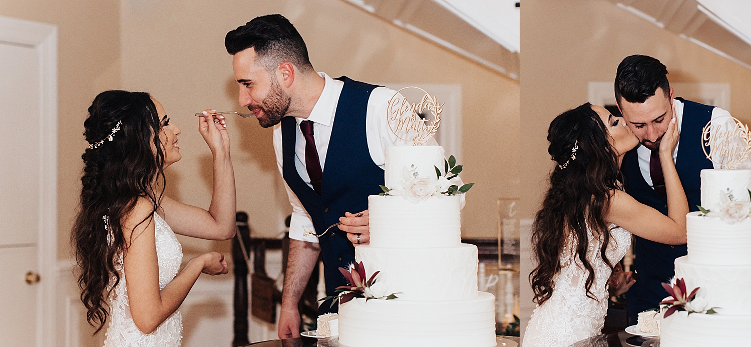 newlyweds share kisses over cake for Moody Wedding in New Jersey