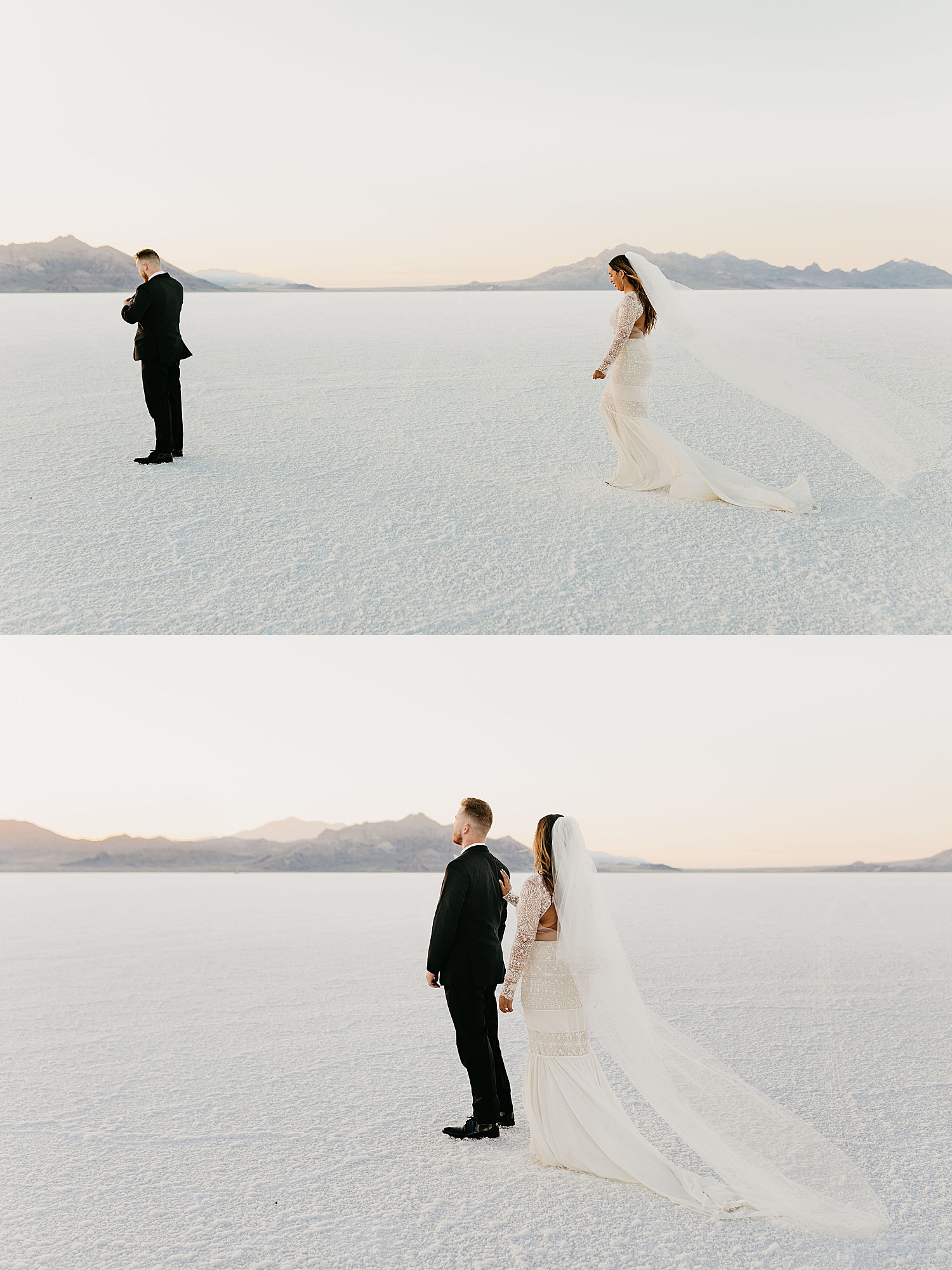 bride approaches groom for First Look + Bridal Session at Bonneville Salt Flats
