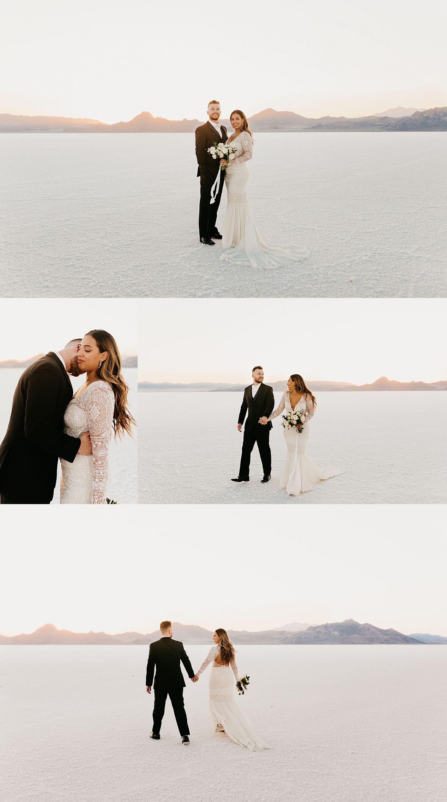 couple stands together on the salt flats during sunset for First Look + Bridal Session