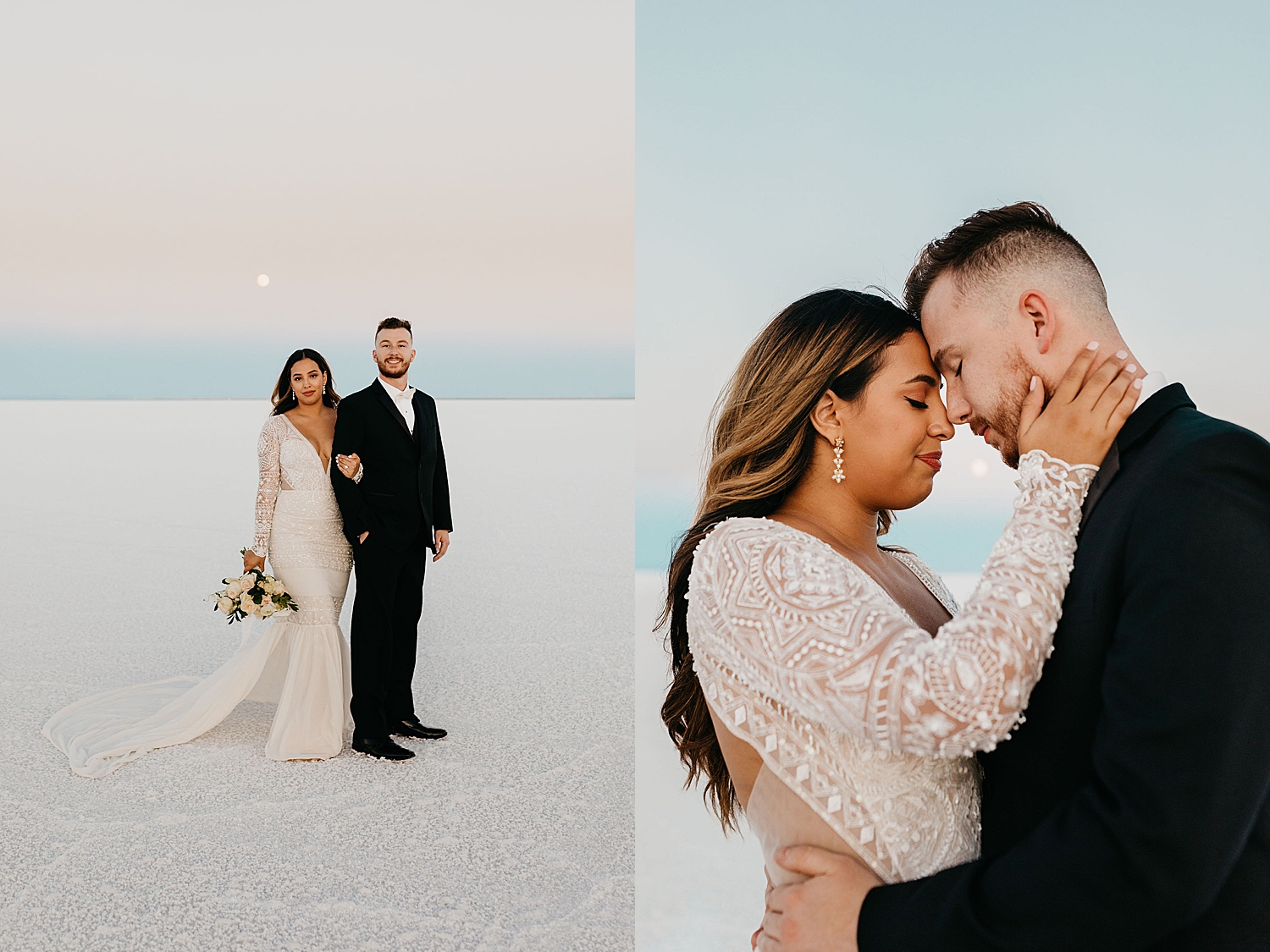 couple embrace under blue sunset skies by Destination wedding photographer