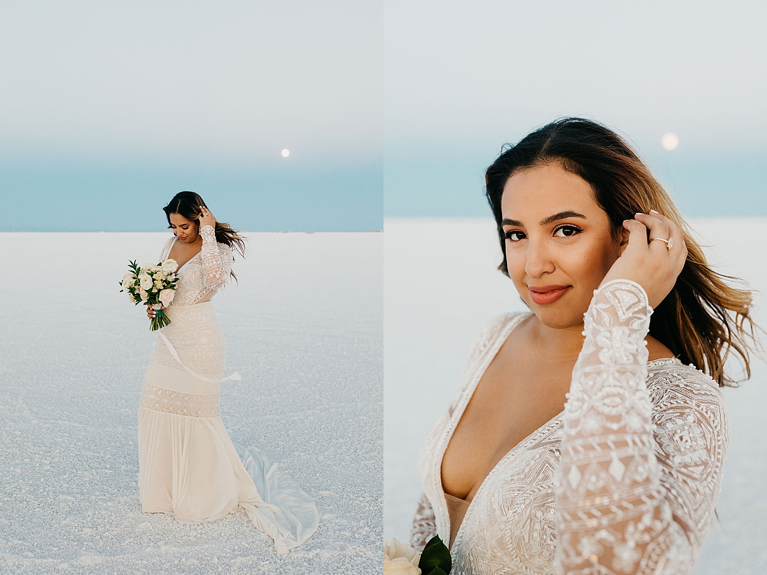 bride holds back her hair in the wind by Nicole Aston Photography