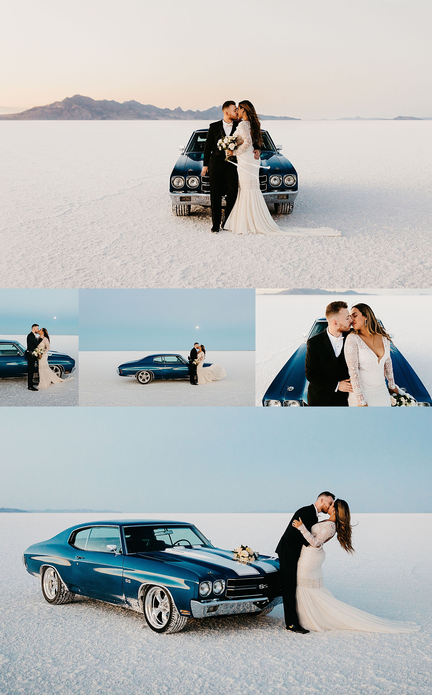 husband and wife-to-be snuggle against blue sports car by Nicole Aston Photography
