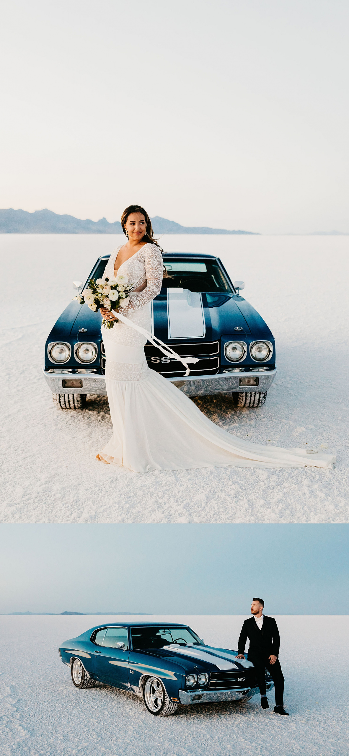 woman in long white dress stands in front of old blue car on salt flats by Nicole Aston Photography
