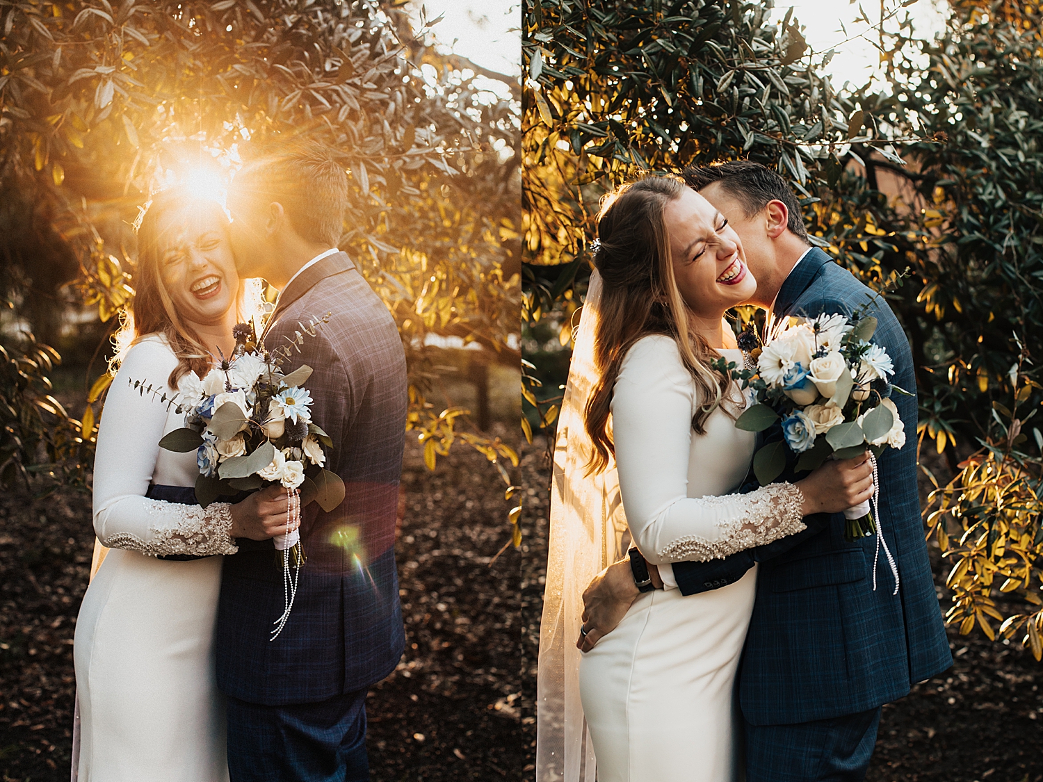 man snuggles his bride for sunrise shoot