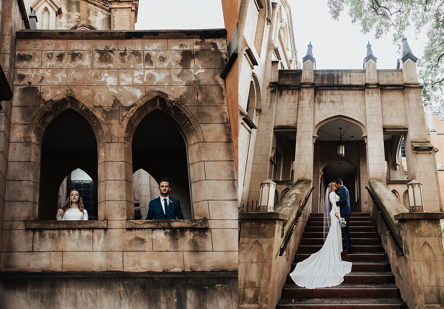 man and woman in windows of old abbey for sunrise shoot