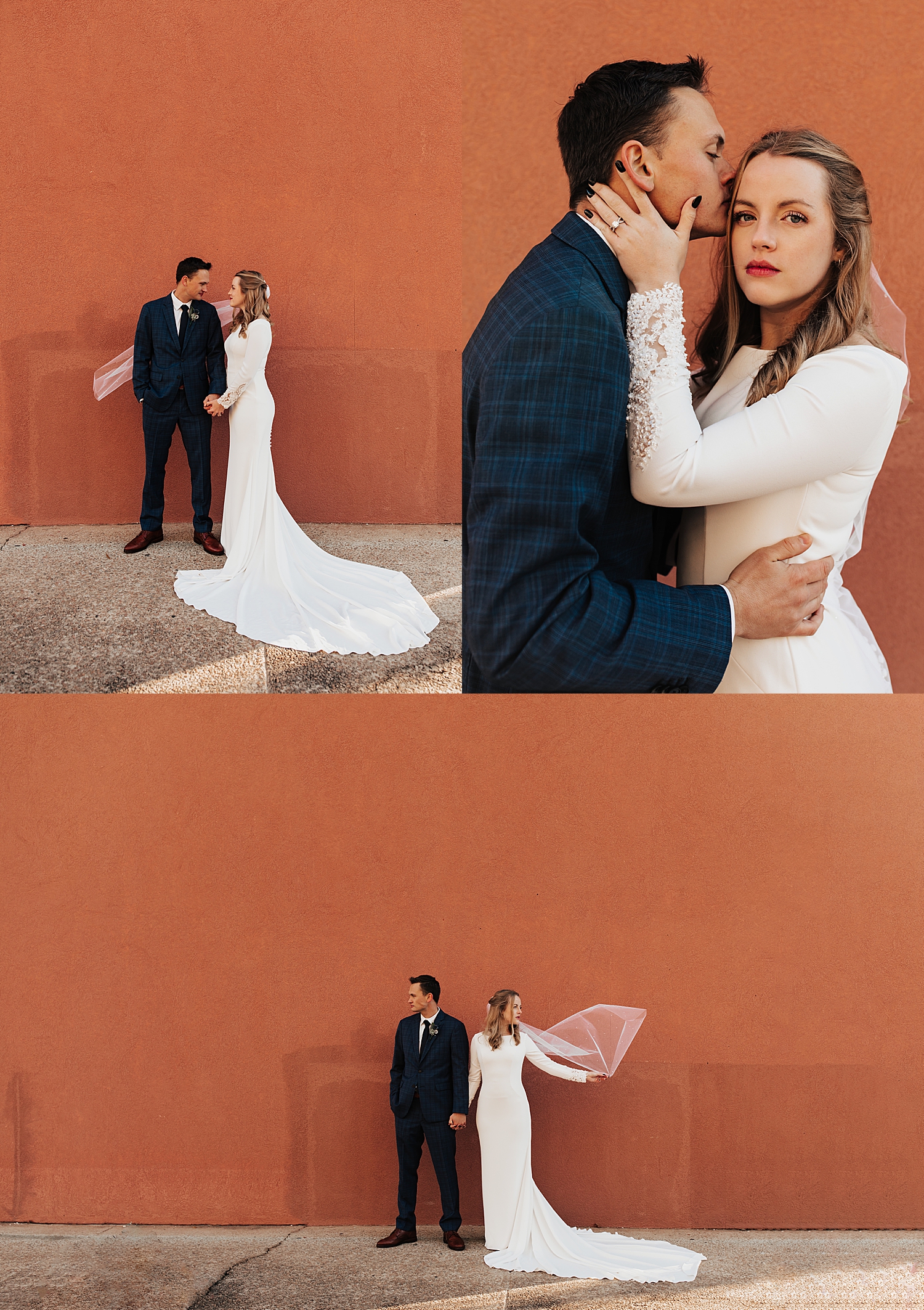 blonde bride with red lipstick leans into groom by Nicole Aston Photography