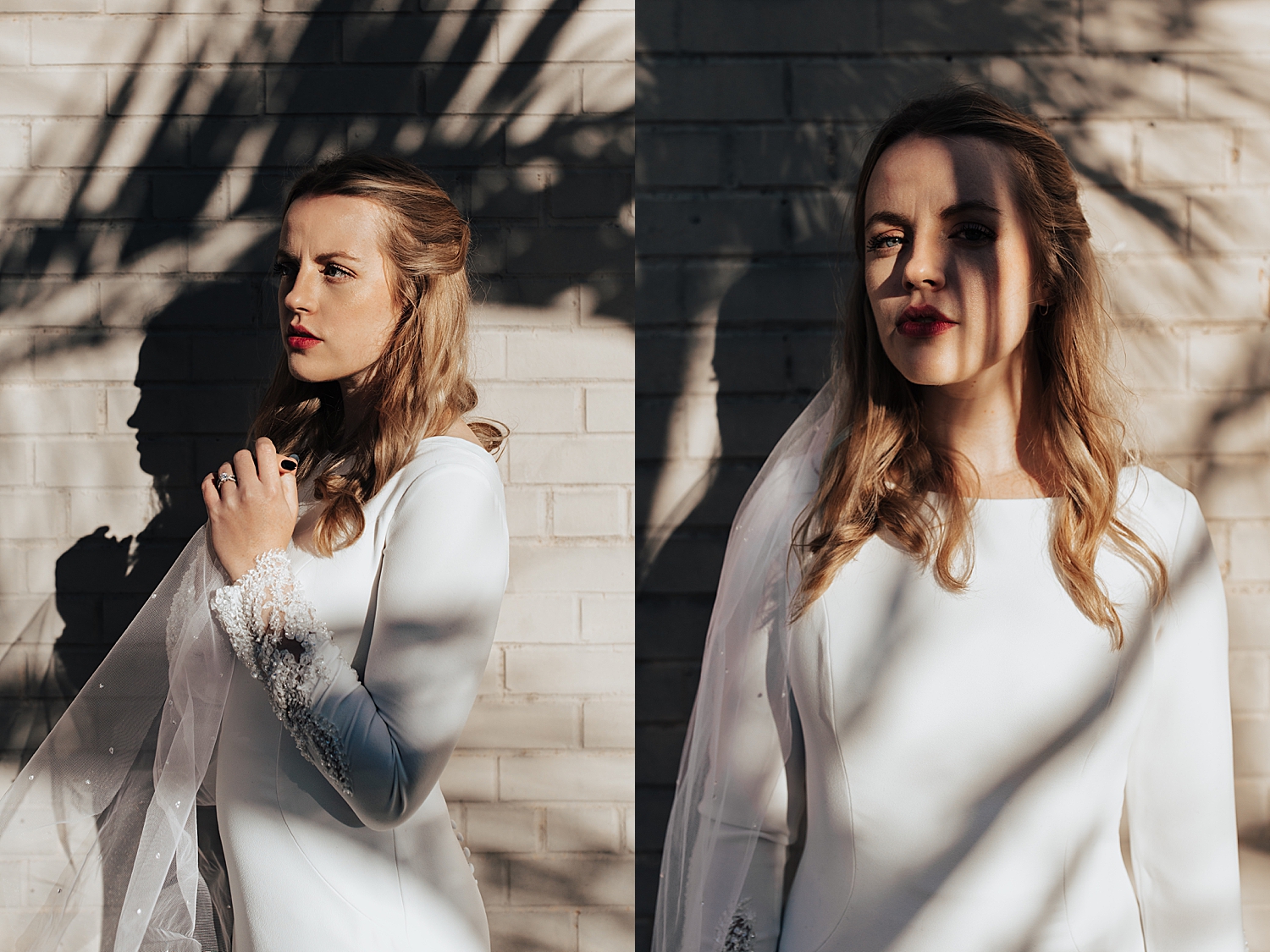 blonde in white dress stands under harsh shadows by Nicole Aston Photography