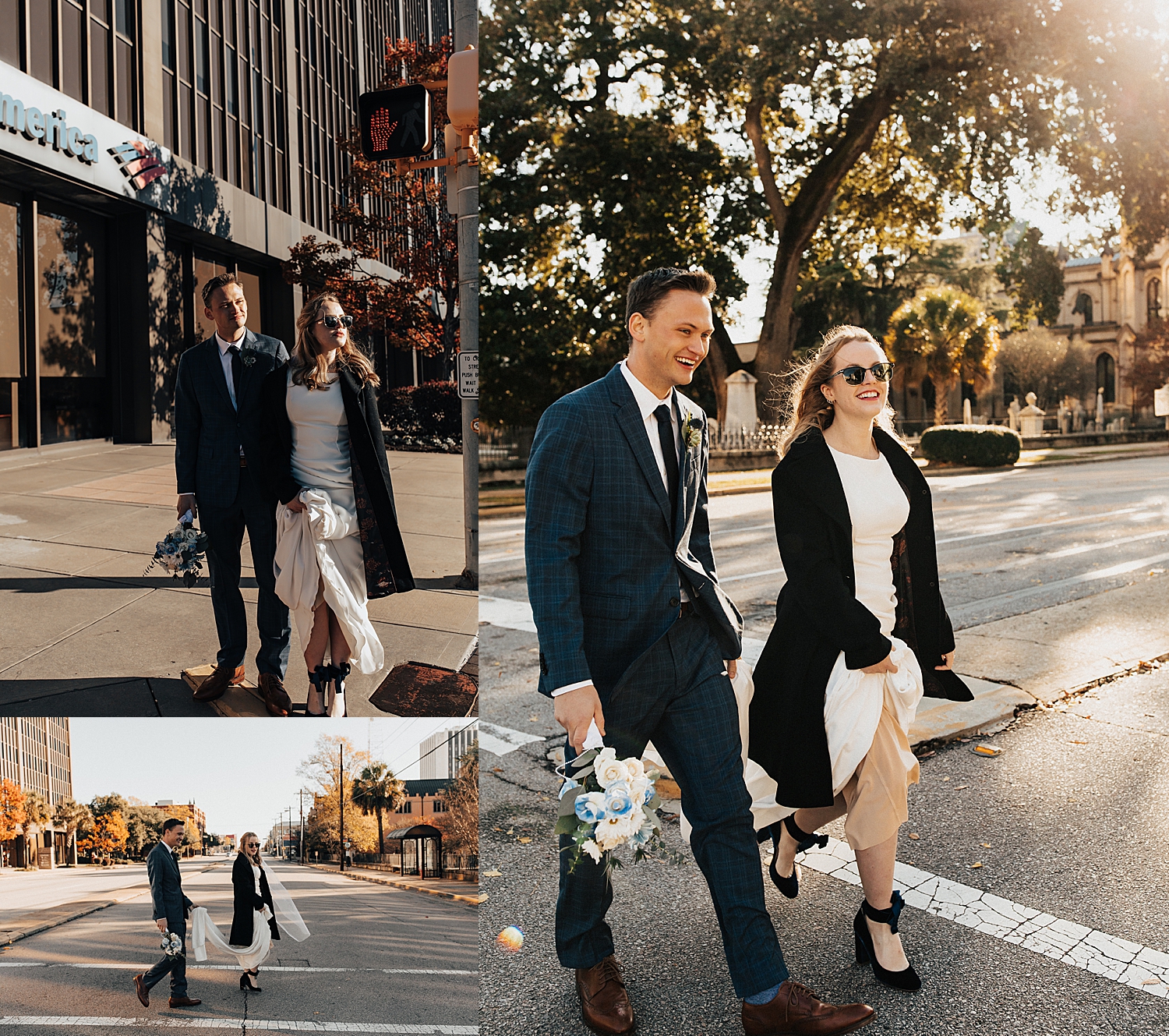 man and woman laughing while they cross the stress by Destination wedding photographer