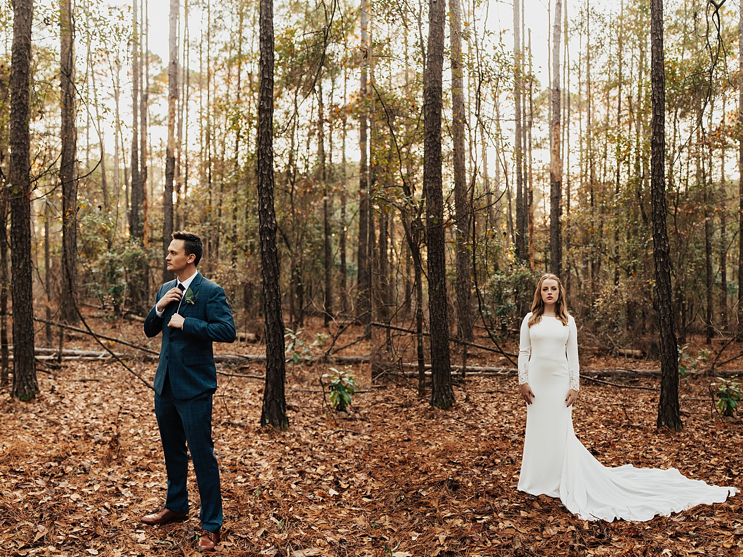 woman in white dress and man in suit in fall forest by Destination wedding photographer