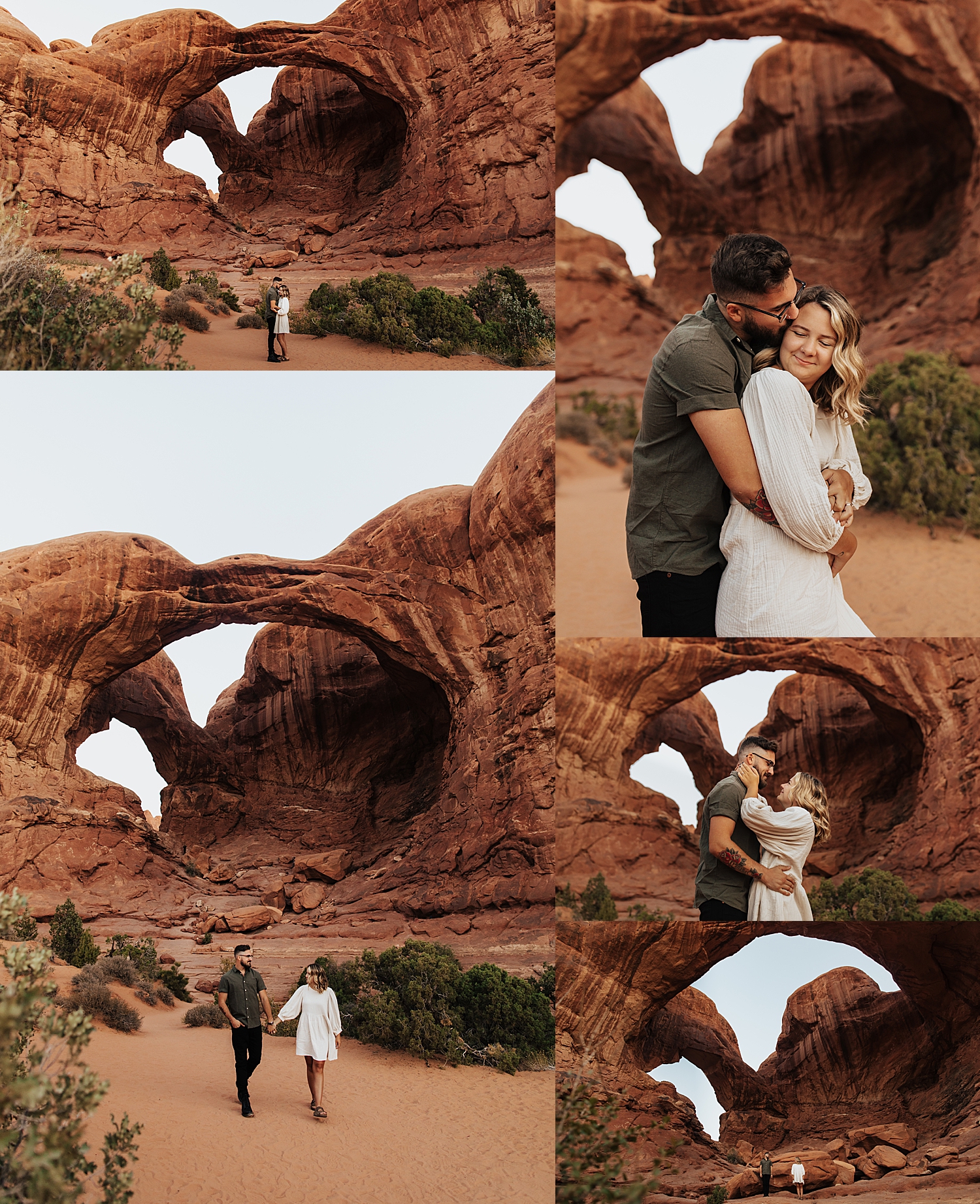 man snuggles his fiancé in front of big rocks at Arches National Park in Utah