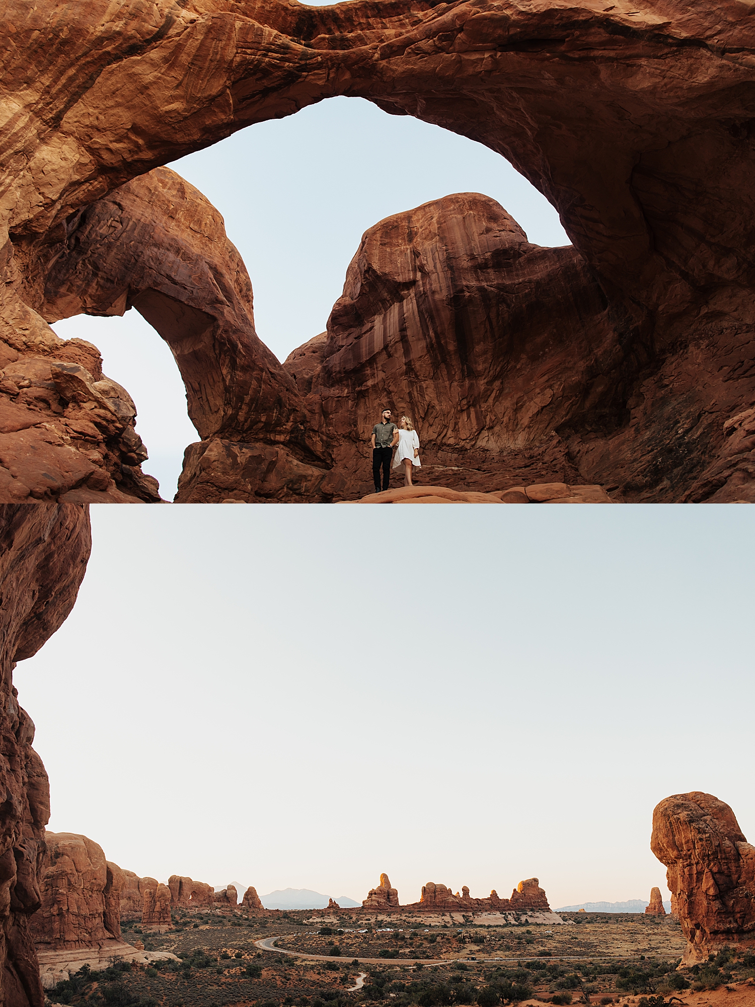 woman in white dress and man in button down stand in front of large rocks at Arches National Park in Utah