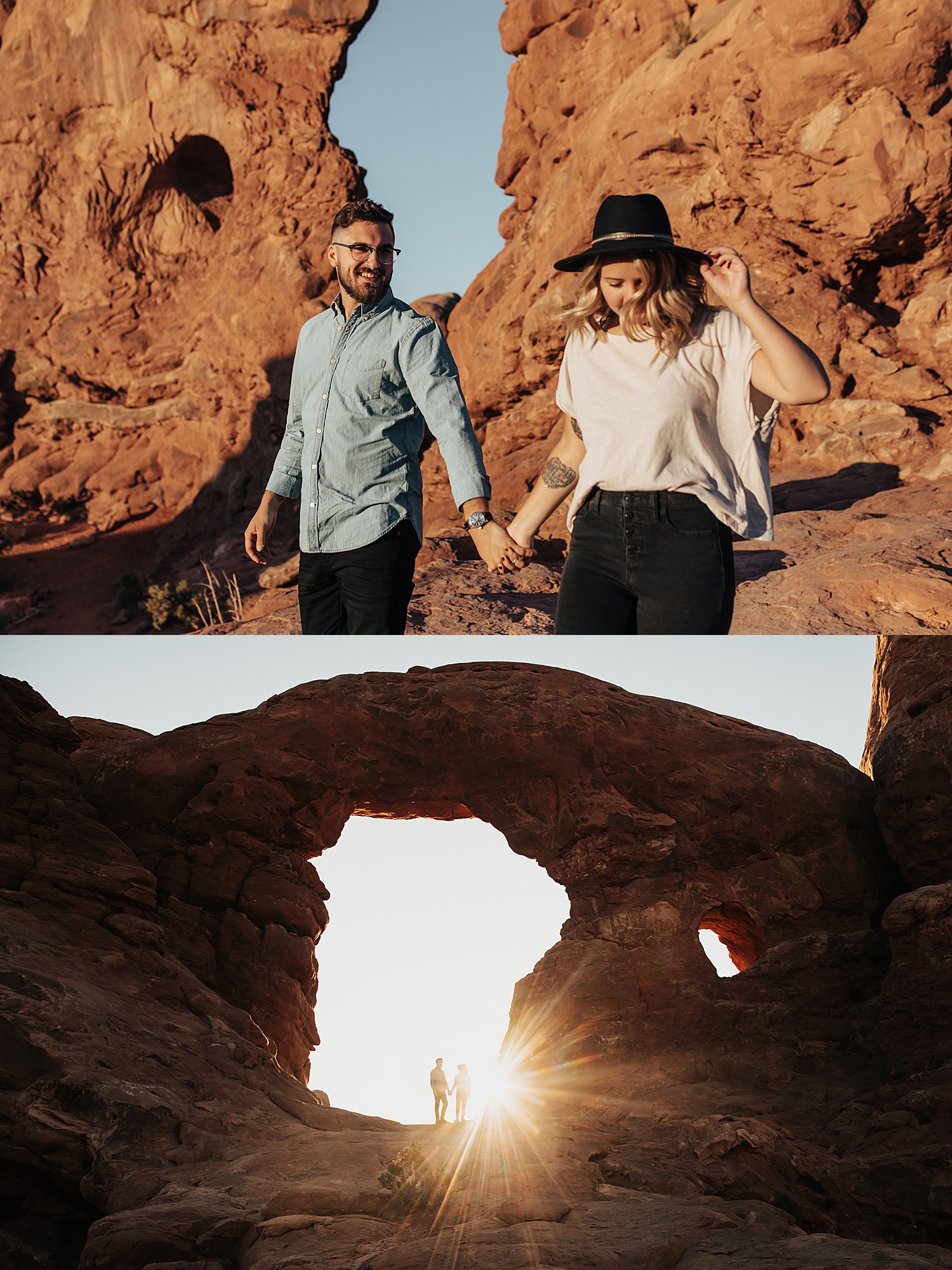 bride-to-be in white shirt skips down pathway holding hands with her man at Arches National Park in Utah