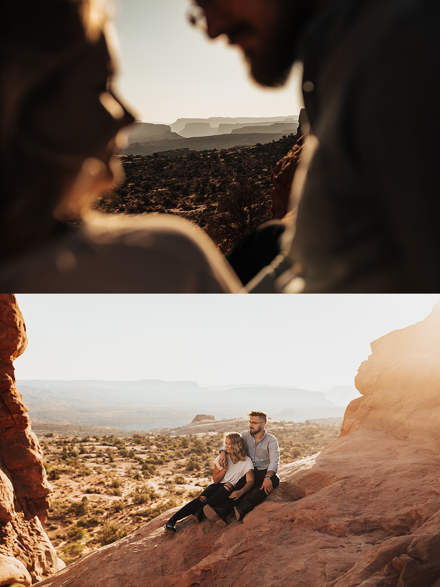 man and woman sit together on large rock at sunset at Arches National Park in Utah