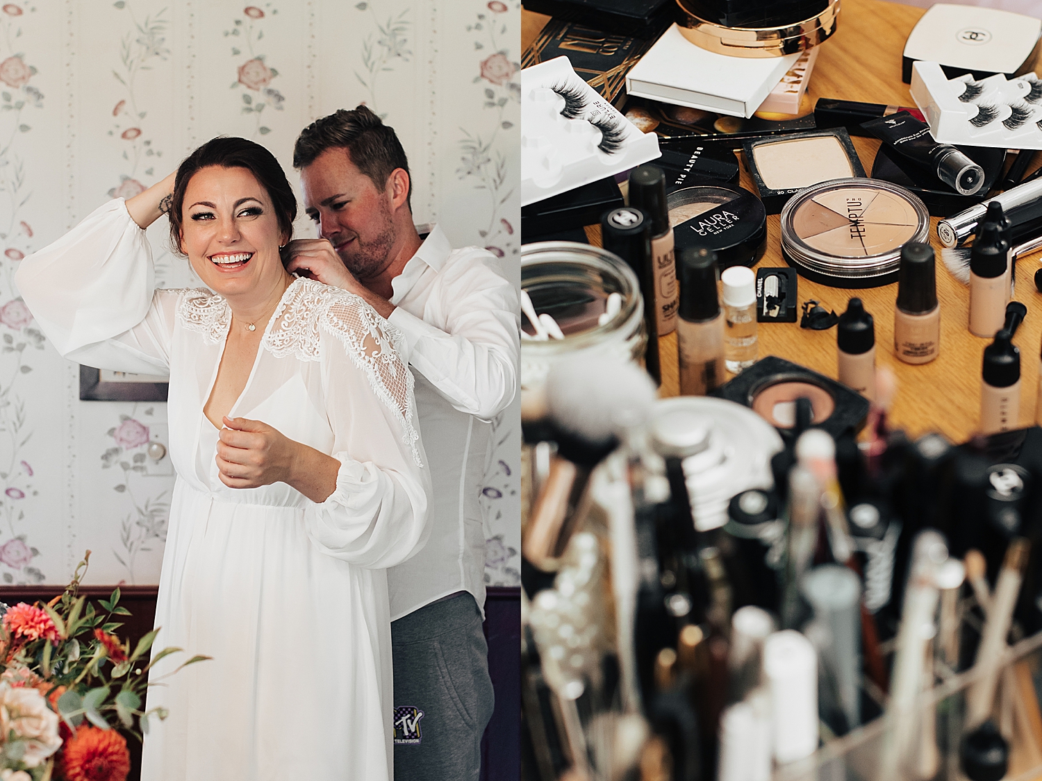 man helps friend into her gown before big day by Destination wedding photographer