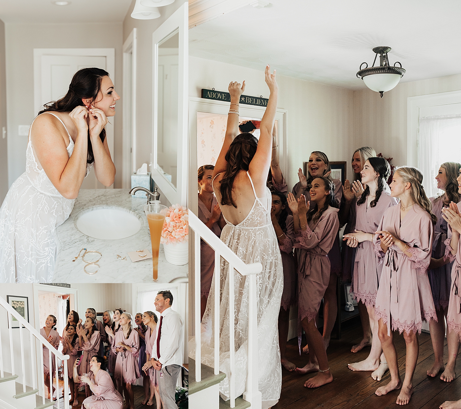 woman shows off her gown to bridesmaids at bottom of the stairs by Destination wedding photographer