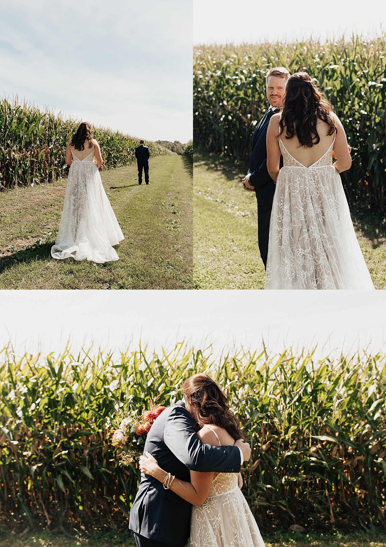 woman approaches her fiancé for first look before ceremony at The Finger Lakes