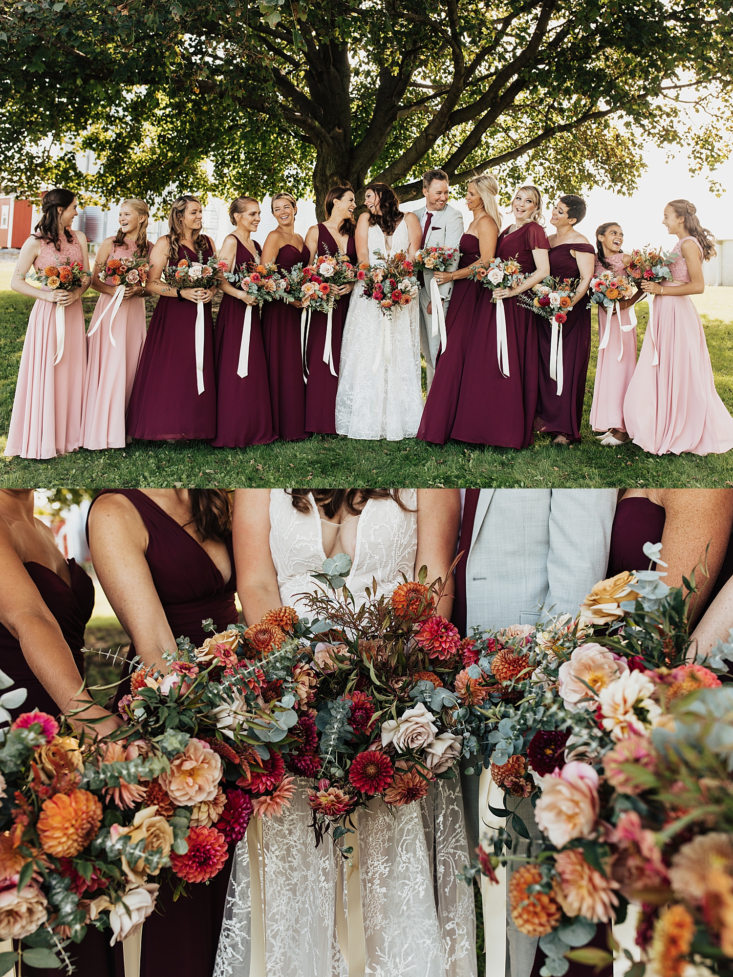bridal party in shades of pink surround newlyweds by Nicole Aston Photography